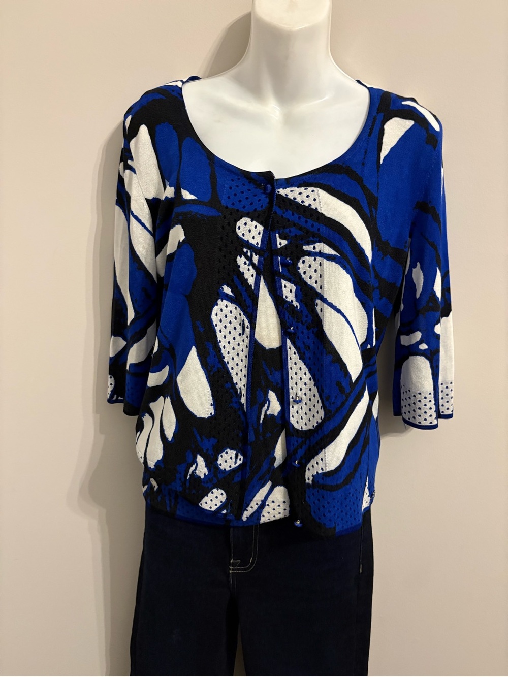 Escada Blue, Black & White Abstract Scoop Neck Top